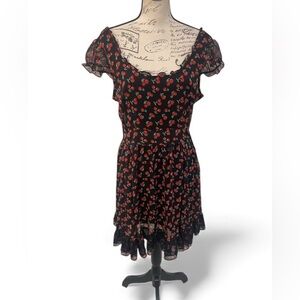Royal Bones by David Cherry Print Ruffle Mini Dress Black Red | Size L